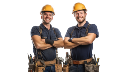Two smiling construction workers with arms crossed isolated on transparent background, wearing hard hats and tool belts, symbolizing teamwork and professional expertise