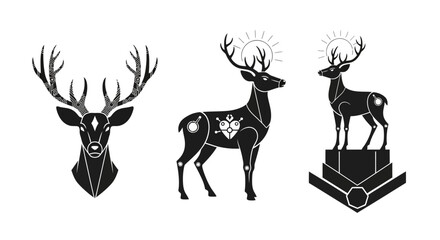 Stunning geometric deer designs symbolizing nature, technology, and spirit with intricate patterns and celestial elements for modern branding
