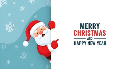 Smiling Santa Claus peeks from a snowy blue background, pointing to festive holiday greetings.