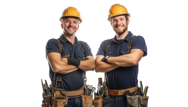 Two smiling construction workers with arms crossed isolated on transparent background, wearing hard hats and tool belts, symbolizing teamwork and professional expertise