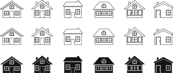 House icons set, home silhouette and outline vector collection, residential building symbols, real estate design, architecture illustration for property and housing concepts