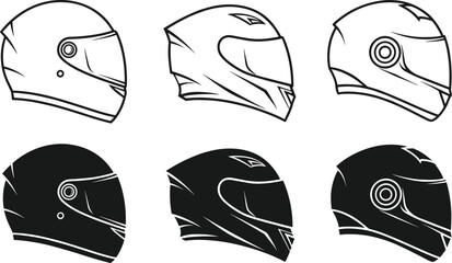 Motorcycle helmet silhouettes, protective gear icons with visor variations, biker safety vector illustration set, motorbike lifestyle artwork, transportation graphic design elements