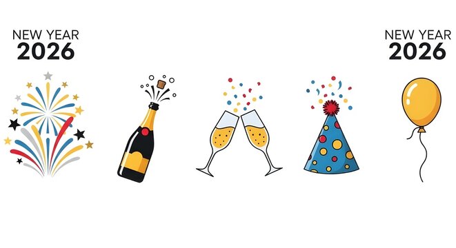 Festive Vector Illustration Icon Set for New Year's Eve 2026 Celebration: Fireworks, Champagne, Party Hat, and Balloon