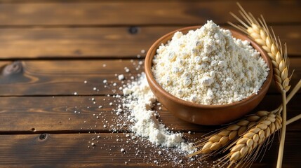 A wooden bowl brimming with freshly milled flour, accompanied by golden wheat stalks, rests on a rustic wooden surface.