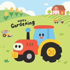 Cute Tractor Gardening Scene Vector Illustration for Kids Design 