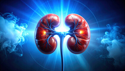 Medical Illustration of Human Kidneys with Glowing Effects.