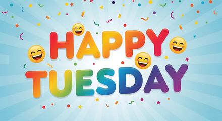 A cheerful graphic with colorful "HAPPY TUESDAY" text, laughing emojis, and confetti on a bright blue background.