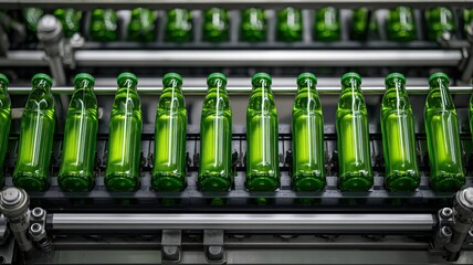 A high-angle view looking down on a bottling line, showcasing the precision and automation of the machinery and the orderly rows of green bottles