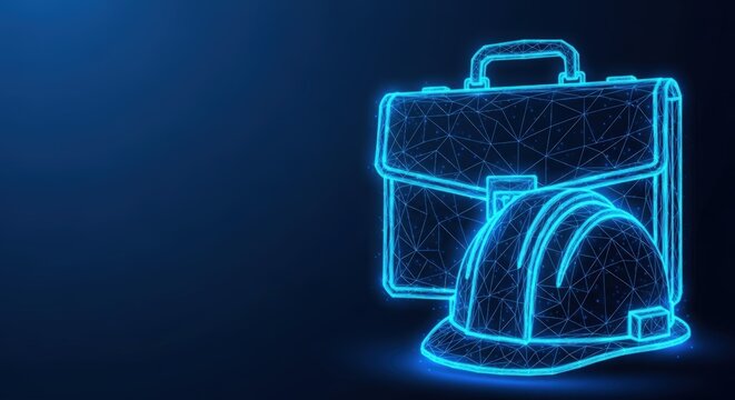 Digital briefcase and hard hat glowing on blue background