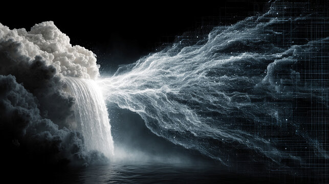 Cloud storage visualized as a digital waterfall, with cascading data streams flowing downward in glowing layers to represent information transfer, depth, and seamless connectivity.