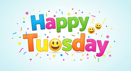 A vibrant graphic with colorful 3D text spelling 'Happy Tuesday' surrounded by confetti and smiling emojis on a light blue background.