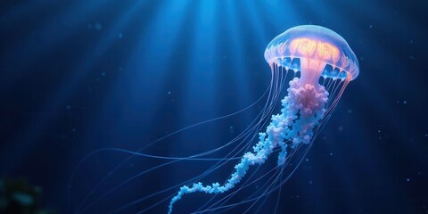 An ethereal jellyfish gracefully floats in a deep ocean, illuminated by a soft, otherworldly glow, its tentacles trailing behind like shimmering ribbons in an underwater ballet.