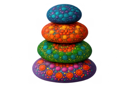 Stacked painted rocks balancing for stability and meditation, creating a vibrant mandala dot art design