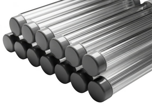 Stack of clear glass test tubes with black caps isolated on transparent background