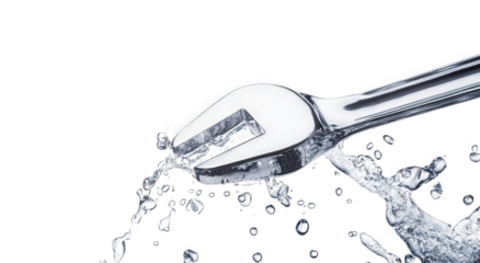 Wrench in water isolated on transparent background, illustrating the concept of plumbing, maintenance, or repair work with a shiny metal tool and splashing water
