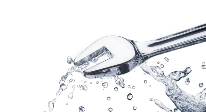 Wrench in water isolated on transparent background, illustrating the concept of plumbing, maintenance, or repair work with a shiny metal tool and splashing water