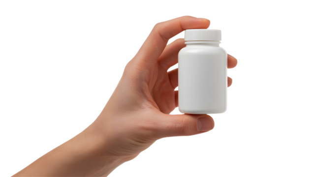 Hand holding a small white opaque plastic bottle with a white cap isolated on transparent background