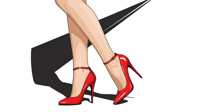 Elegant female legs adorned with vibrant red high heels featuring ankle straps, casting a distinct shadow.