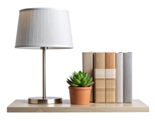 A clean and simple front-facing arrangement of a modern table lamp beside r books on a straight shelf surface, minimal styling with neutral tones, isolated on a transparent PNG background.