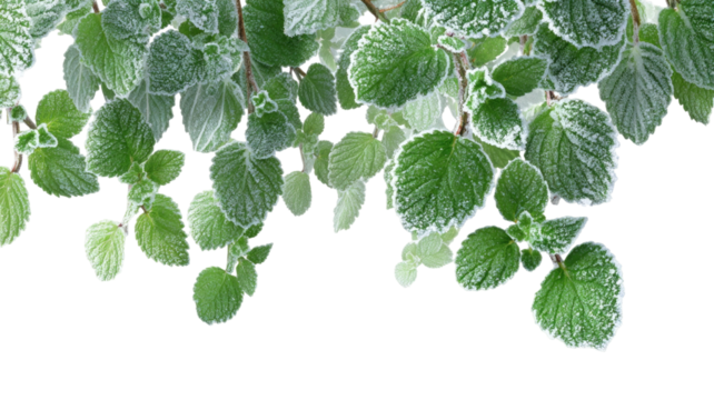 Green peppermint leaves covered with frost crystal texture fresh herbal foliage hanging branch close up isolated on white background - Powered by Adobe