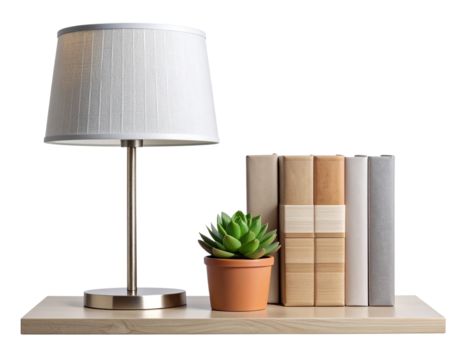 A clean and simple front-facing arrangement of a modern table lamp beside r books on a straight shelf surface, minimal styling with neutral tones, isolated on a transparent PNG background.