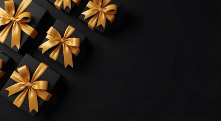 Elegant black gift boxes with shiny gold ribbons arranged on a dark background