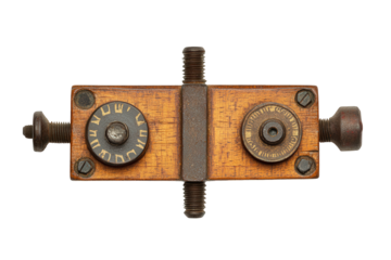 Antique wooden clamp with metal hardware isolated on transparent background, featuring intricate gears and screws, showcasing craftsmanship and historical significance