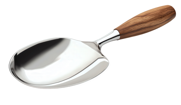 Elegant stainless steel serving spoon with a wooden handle isolated on transparent background, perfect for serving dishes with style and sophistication
