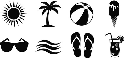Summer icons vector set with sun, palm tree, beach ball, ice cream, sunglasses, waves, flip flops, and tropical drink symbols