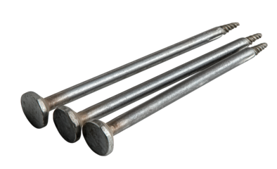 Three galvanized nails isolated on transparent background, essential for construction and woodworking, providing strong and reliable fastening solutions