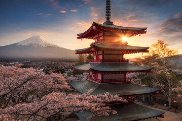 Fujiyoshida, Japan Beautiful view of mountain Fuji and Chureito pagoda at sunset, japan in the...