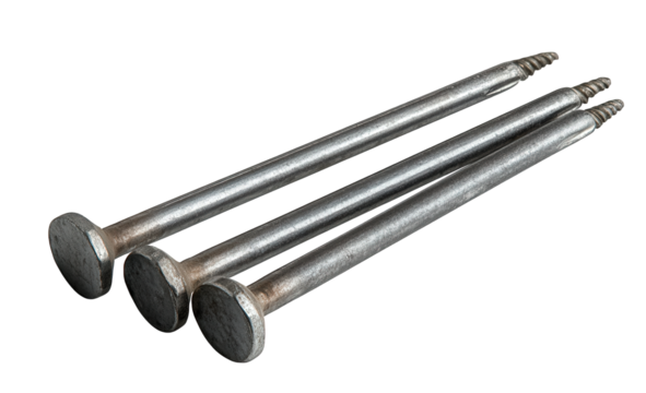 Three galvanized nails isolated on transparent background, essential for construction and woodworking, providing strong and reliable fastening solutions