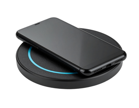 A black smartphone rests on a wireless charging pad Isolated on transparent or white, Cut out