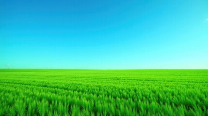Obraz premium Vibrant Green Field Under a Clear Blue Sky, a Peaceful and Serene Landscape Representing Nature's Beauty and the Promise of a Bountiful Harvest