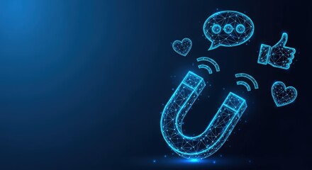 Glowing blue magnet attracts hearts and social media communication icons