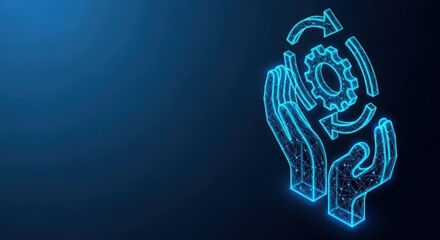Obraz premium Hands holding a digital process with gears and arrows