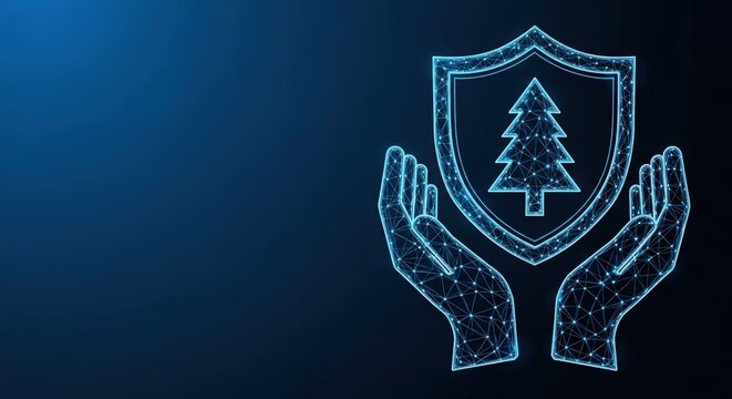 Hand holding shield with tree icon for protection
