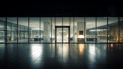 Obraz premium Modern office building entrance at night with glass facade.