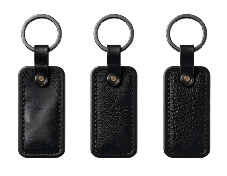 Black rectangular leather keychain Isolated on transparent or white, Cut out