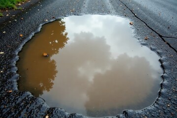 A reflective puddle in a cracked asphalt road surface shows the muted sky and tree reflections in a muddy brown pool of rainwater.