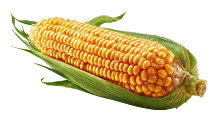 Fresh yellow corn on the cob with green husk sweet juicy kernels organic vegetable and farm produce isolated on white background