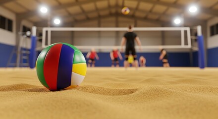 Beach Volleyball Game with Players in the Background on a Sandy Court