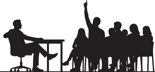 Silhouettes of a business meeting, conference, or educational lecture with a speaker and an audience, one person raising a hand for participation or question