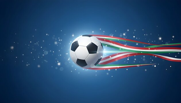 A dynamic soccer ball with colorful ribbons trailing behind it, set against a dark blue background with sparkling lights.