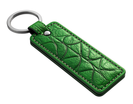 Green rectangular leather keychain Isolated on transparent or white, Cut out