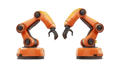 Two orange industrial robot arms isolated on transparent background, symbolizing automation, precision, and advanced technology, ready for manufacturing and engineering tasks
