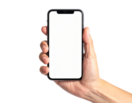 Hand holding a smartphone with a blank white screen for mockup or presentation Isolated on transparent or white, Cut out - Powered by Adobe