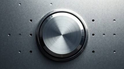 Close-up of a polished metallic rotary control on a textured surface with subtle lighting