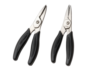 Two needlenose pliers isolated on transparent background, showcasing their black handles and metal jaws, versatile tools for gripping, cutting, and manipulating small objects