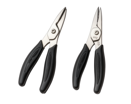Two needlenose pliers isolated on transparent background, showcasing their black handles and metal jaws, versatile tools for gripping, cutting, and manipulating small objects